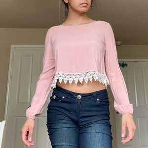 forever 21 nude peach cropped long sleeve crochet blouse size m
